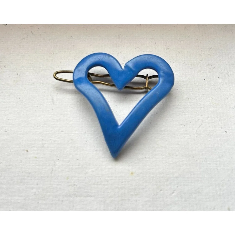 Vintage France Blue Heart Hair Clip 1970s Plastic Cutout Retro Barrette Signed